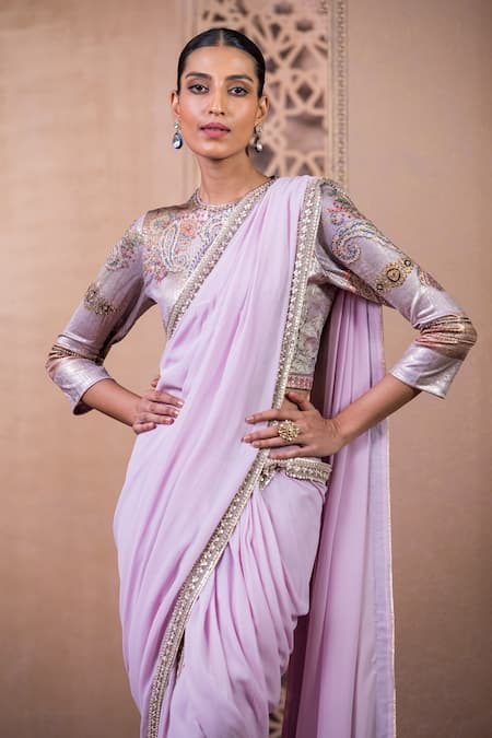 Tarun Tahiliani Purple Chiffon Sequins, Concept Dhoti Pant Saree With Embroidered Blouse Online at Aza Fashions Tarun Tahiliani_Purple Chiffon Sequins, Concept Dhoti Pant Saree With Embroidered Blouse_Online_at_Aza_Fashions