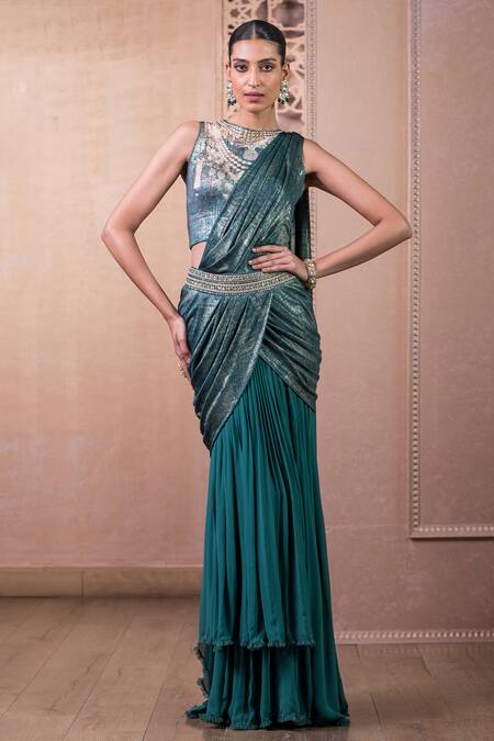 Tarun Tahiliani Green Georgette Crystals Round Neck Asymmetric Layered Concept Saree With Blouse