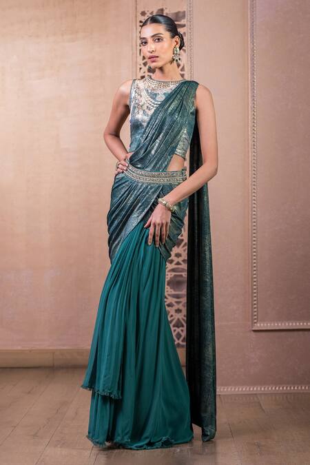 Tarun Tahiliani_Green Georgette Crystals Round Neck Asymmetric Layered Concept Saree With Blouse_Online_at_Aza_Fashions