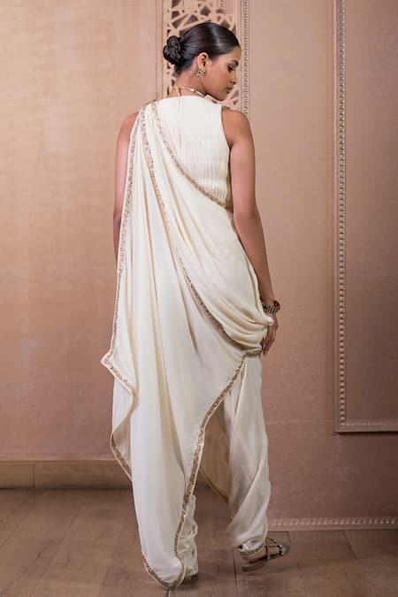 Shop_Tarun Tahiliani_Ivory Georgette Sequins Dhoti Pant Saree_at_Aza_Fashions