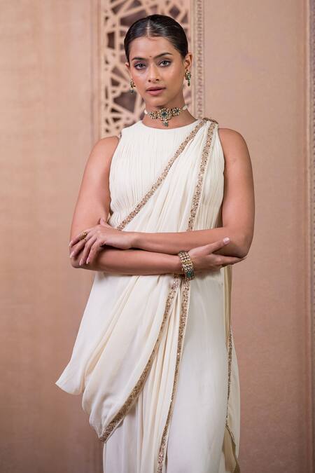 Buy_Tarun Tahiliani_Ivory Georgette Sequins Dhoti Pant Saree_Online_at_Aza_Fashions