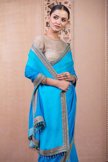 Tarun Tahiliani_Blue Chiffon, Brocade Sequins, Embroidery Saree With Unstitched Blouse Fabric_Online_at_Aza_Fashions
