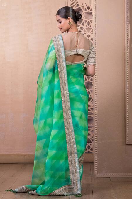 Shop Tarun Tahiliani Green Organza, Brocade Abstract Print Saree With Unstitched Blouse Fabric at Aza Fashions Shop_Tarun Tahiliani_Green Organza, Brocade Abstract Print Saree With Unstitched Blouse Fabric_at_Aza_Fashions