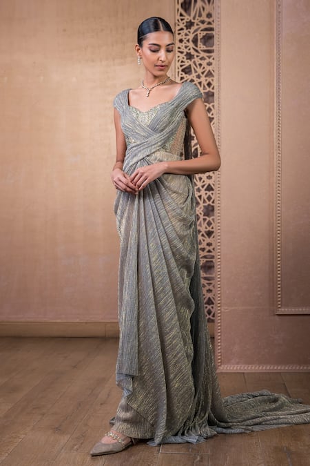 Tarun Tahiliani_Blue Crepe Crinkle Tulle Sculpted Embroidered Concept Saree Gown_Online_at_Aza_Fashions