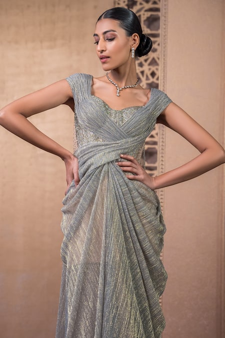 Buy_Tarun Tahiliani_Blue Crepe Crinkle Tulle Sculpted Embroidered Concept Saree Gown_Online_at_Aza_Fashions