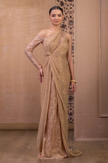 Tarun Tahiliani Gold Crinkle Tulle Embroidery French Lace Shimmer Finish One Shoulder Gown 