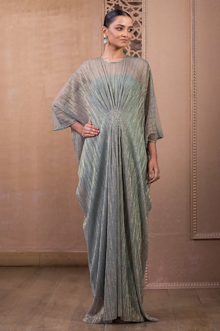 Tarun Tahiliani Blue Crinkle Tulle Embroidery Crystal Round Neck Bohemian Gown 