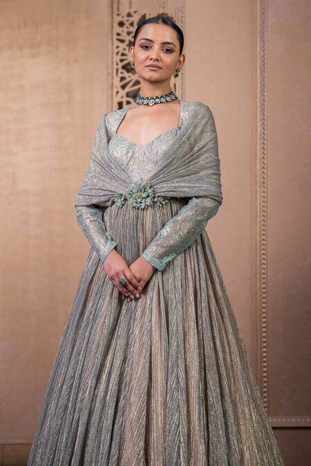 Tarun Tahiliani Blue Lace Embroidery Sweetheart Neck Sculpted Shimmer Finish Cape Gown Online at Aza Fashions Tarun Tahiliani_Blue Lace Embroidery Sweetheart Neck Sculpted Shimmer Finish Cape Gown_Online_at_Aza_Fashions