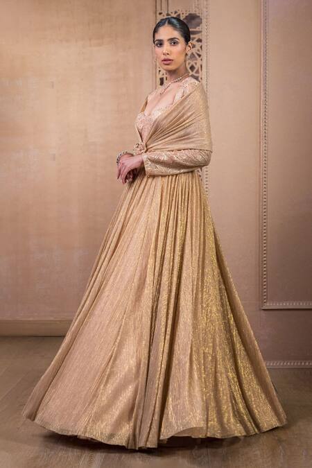 Tarun Tahiliani_Gold Crepe, Crystals, Sweetheart Neck Shimmer Finish Cape Gown_Online_at_Aza_Fashions