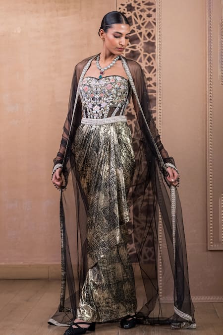 Tarun Tahiliani Tulle Cape & Draped Skirt Set 