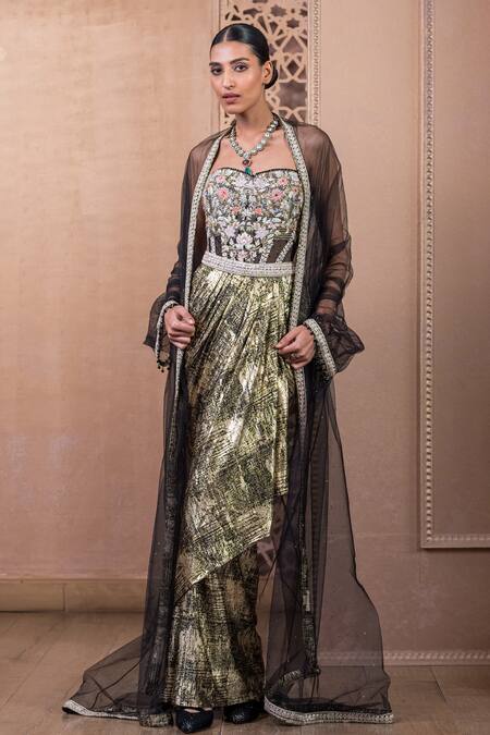 Tarun Tahiliani Ivory Tulle, Jersey Embroidery, Zari, Sequins Sweetheart Cape And Draped Skirt Set Online at Aza Fashions Tarun Tahiliani_Ivory Tulle, Jersey Embroidery, Zari, Sequins Sweetheart Cape And Draped Skirt Set_Online_at_Aza_Fashions