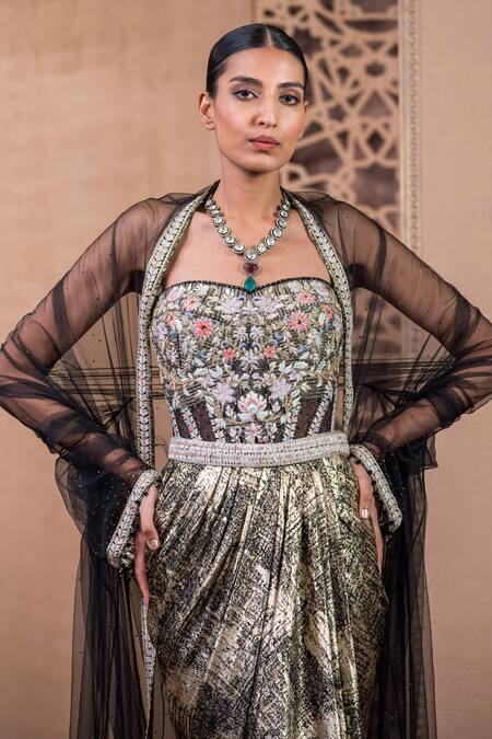 Buy Tarun Tahiliani Ivory Tulle, Jersey Embroidery, Zari, Sequins Sweetheart Cape And Draped Skirt Set Online at Aza Fashions Buy_Tarun Tahiliani_Ivory Tulle, Jersey Embroidery, Zari, Sequins Sweetheart Cape And Draped Skirt Set_Online_at_Aza_Fashions