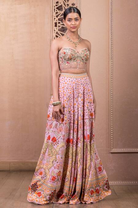 Tarun Tahiliani_Pink Georgette Embroidery Botanical Bustier And Wide Legged Trouser Set_Online_at_Aza_Fashions