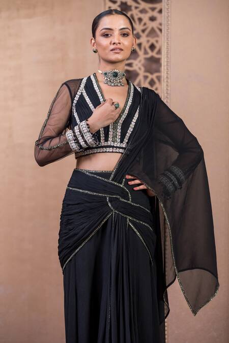 Tarun Tahiliani Black Silk, Chiffon Sequins Plunge Neck Concept Saree With Blouse Online at Aza Fashions Tarun Tahiliani_Black Silk, Chiffon Sequins Plunge Neck Concept Saree With Blouse_Online_at_Aza_Fashions