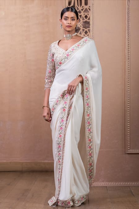 Tarun Tahiliani_Ivory Georgette Embroidery, Crystals Collared Flower Border Saree With Blouse_Online_at_Aza_Fashions