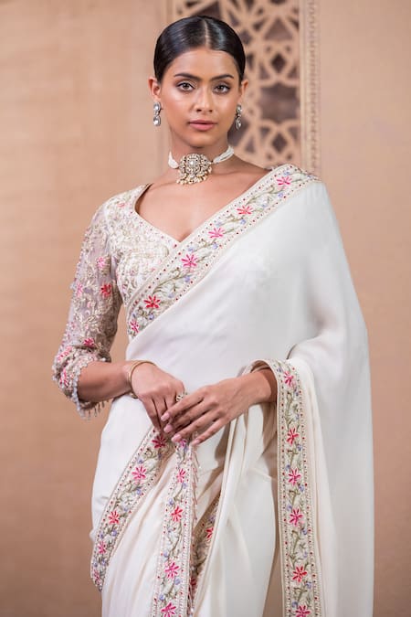 Buy_Tarun Tahiliani_Ivory Georgette Embroidery, Crystals Collared Flower Border Saree With Blouse_Online_at_Aza_Fashions