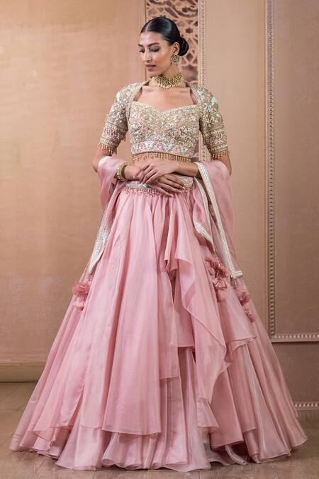 Tarun Tahiliani Pink Organza Embroidery, Crystals, Tassels Waistband Flared Skirt Set Online at Aza Fashions Tarun Tahiliani_Pink Organza Embroidery, Crystals, Tassels Waistband Flared Skirt Set_Online_at_Aza_Fashions