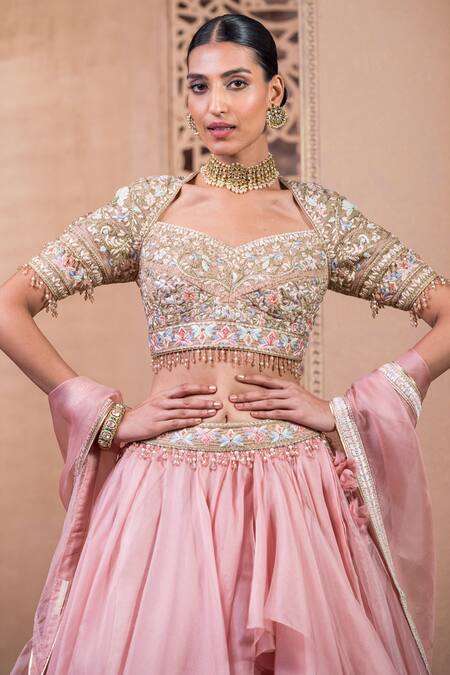 Buy Tarun Tahiliani Pink Organza Embroidery, Crystals, Tassels Waistband Flared Skirt Set Online at Aza Fashions Buy_Tarun Tahiliani_Pink Organza Embroidery, Crystals, Tassels Waistband Flared Skirt Set_Online_at_Aza_Fashions