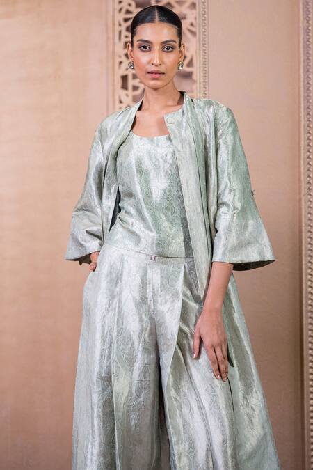 Tarun Tahiliani_Ivory Brocade Embroidery Round Paisley Woven Jacket And Wide Legged Trouser Set_Online_at_Aza_Fashions