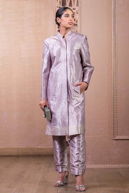 Tarun Tahiliani_Purple Brocade Embroidery Bandeau Neck Floral Woven Jacket And Trouser Set_Online_at_Aza_Fashions