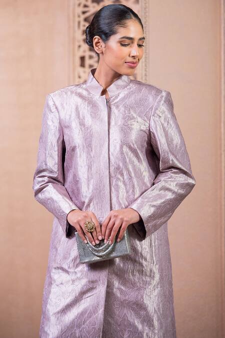 Buy_Tarun Tahiliani_Purple Brocade Embroidery Bandeau Neck Floral Woven Jacket And Trouser Set_Online_at_Aza_Fashions