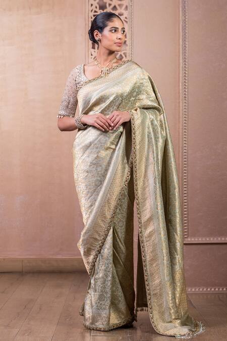 Tarun Tahiliani_Green Brocade Embroidery, Stones Woven Saree With Unstitched Blouse_Online_at_Aza_Fashions