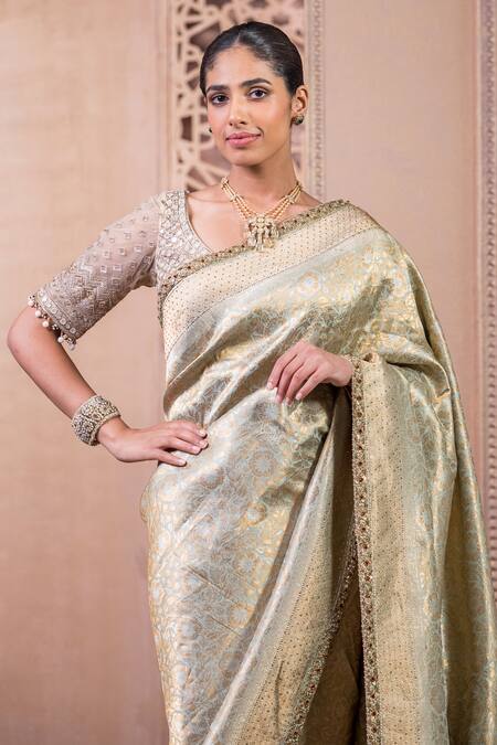 Buy_Tarun Tahiliani_Green Brocade Embroidery, Stones Woven Saree With Unstitched Blouse_Online_at_Aza_Fashions