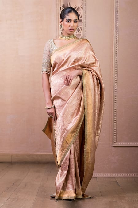 Tarun Tahiliani Pink Brocade Woven Floral Saree With Unstitched Blouse 