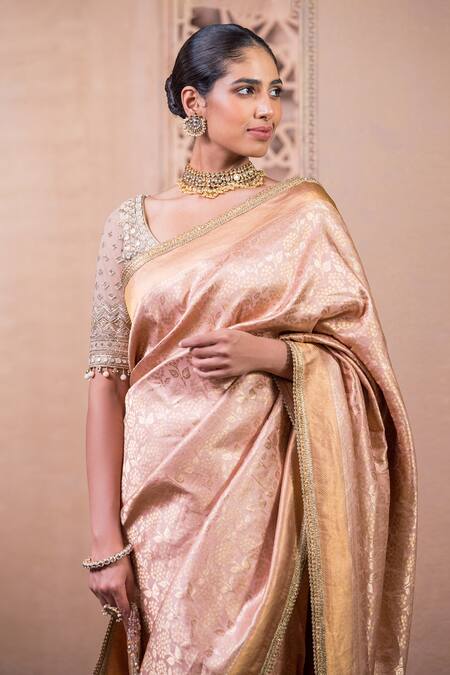 Tarun Tahiliani_Pink Brocade Embroidery Handwoven Saree With Unstitched Blouse_Online_at_Aza_Fashions