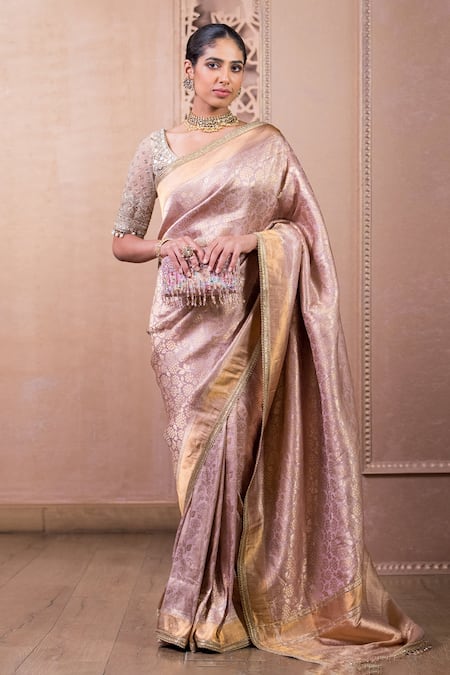 Tarun Tahiliani Purple Brocade Woven Floral Saree With Unstitched Blouse 