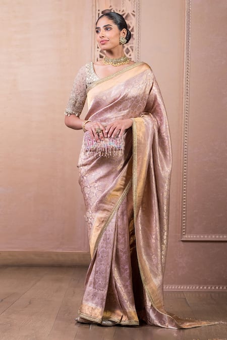 Tarun Tahiliani_Purple Brocade Embroidery, Sequins Handwoven Saree With Unstitched Blouse_Online_at_Aza_Fashions