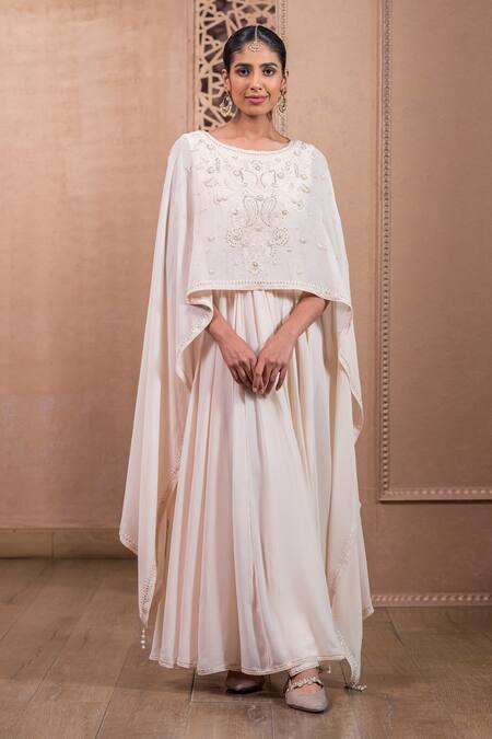 Tarun Tahiliani_Ivory Nylon Embroidery Round Neck Chikankari Anarkali And Churidar Set_Online_at_Aza_Fashions