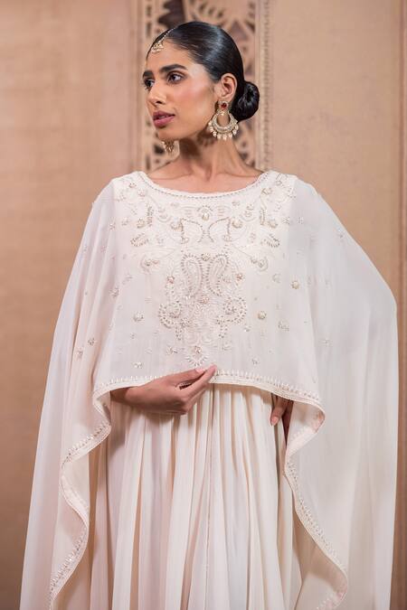 Buy_Tarun Tahiliani_Ivory Nylon Embroidery Round Neck Chikankari Anarkali And Churidar Set_Online_at_Aza_Fashions