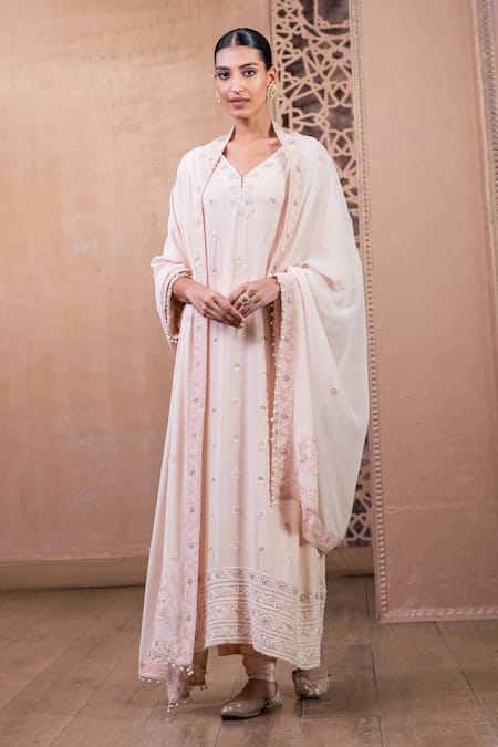 Tarun Tahiliani_Pink Georgette, Silk Tassels, Embroidery, Chikankari Kurta And Churidar Set_Online_at_Aza_Fashions