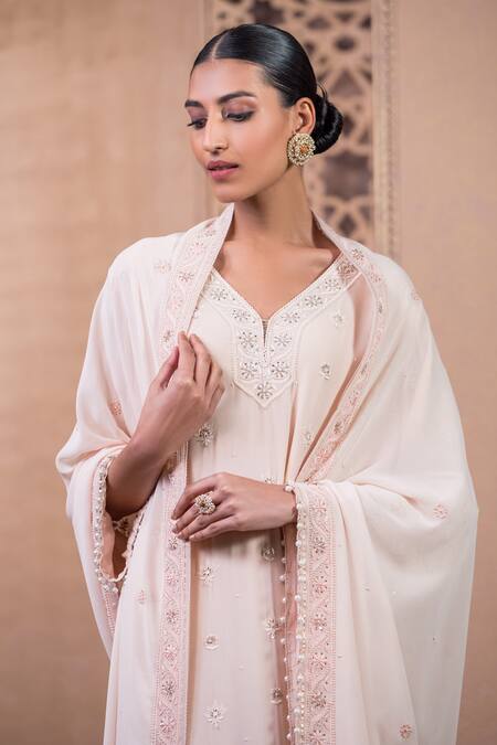 Buy_Tarun Tahiliani_Pink Georgette, Silk Tassels, Embroidery, Chikankari Kurta And Churidar Set_Online_at_Aza_Fashions