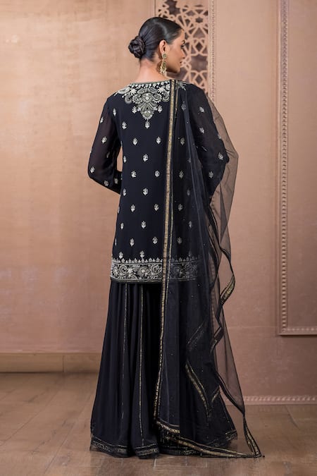 Shop Tarun Tahiliani Black Georgette Beads, Embroidery, Crystals Split Chikankari Kurta Sharara Set at Aza Fashions Shop_Tarun Tahiliani_Black Georgette Beads, Embroidery, Crystals Split Chikankari Kurta Sharara Set_at_Aza_Fashions