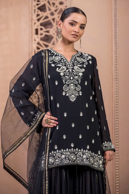 Tarun Tahiliani Black Georgette Beads, Embroidery, Crystals Split Chikankari Kurta Sharara Set Online at Aza Fashions Tarun Tahiliani_Black Georgette Beads, Embroidery, Crystals Split Chikankari Kurta Sharara Set_Online_at_Aza_Fashions