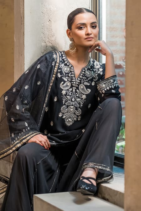 Buy Tarun Tahiliani Black Georgette Beads, Embroidery, Crystals Split Chikankari Kurta Sharara Set Online at Aza Fashions Buy_Tarun Tahiliani_Black Georgette Beads, Embroidery, Crystals Split Chikankari Kurta Sharara Set_Online_at_Aza_Fashions