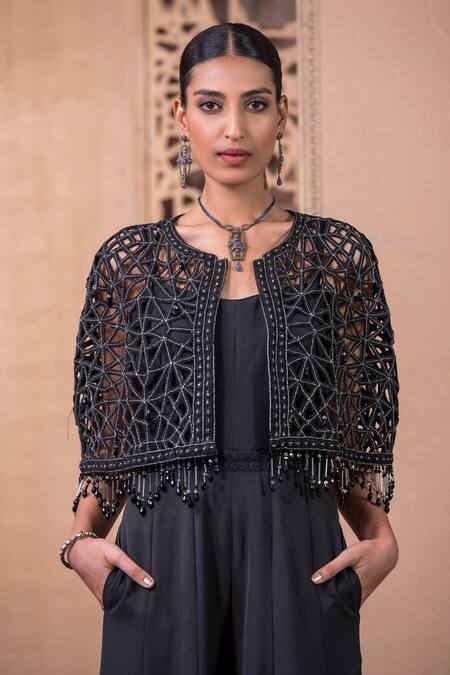 Tarun Tahiliani_Black Crepe Diamonds, Embroidery Dori Waistband Jumpsuit With Cutwork Cape_Online_at_Aza_Fashions