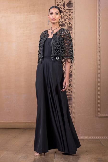 Buy_Tarun Tahiliani_Black Crepe Diamonds, Embroidery Dori Waistband Jumpsuit With Cutwork Cape_Online_at_Aza_Fashions