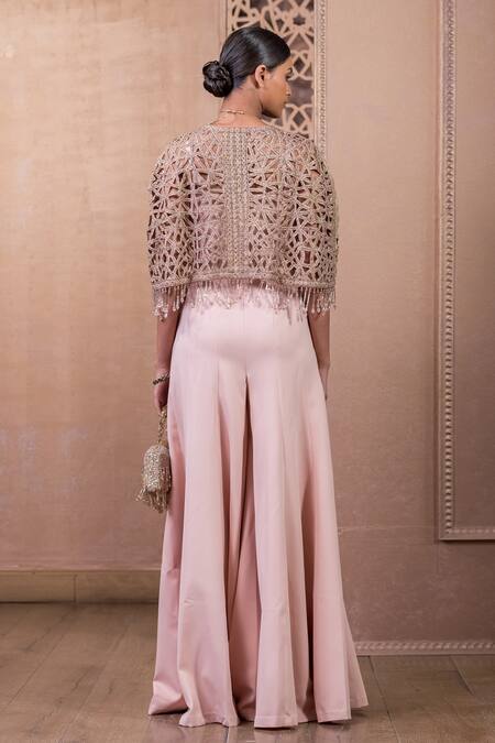 Shop Tarun Tahiliani Pink Crepe Diamonds, Embroidery, Tassels Waistband Jumpsuit With Cutwork Cape at Aza Fashions Shop_Tarun Tahiliani_Pink Crepe Diamonds, Embroidery, Tassels Waistband Jumpsuit With Cutwork Cape_at_Aza_Fashions