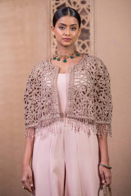 Tarun Tahiliani Pink Crepe Diamonds, Embroidery, Tassels Waistband Jumpsuit With Cutwork Cape Online at Aza Fashions Tarun Tahiliani_Pink Crepe Diamonds, Embroidery, Tassels Waistband Jumpsuit With Cutwork Cape_Online_at_Aza_Fashions