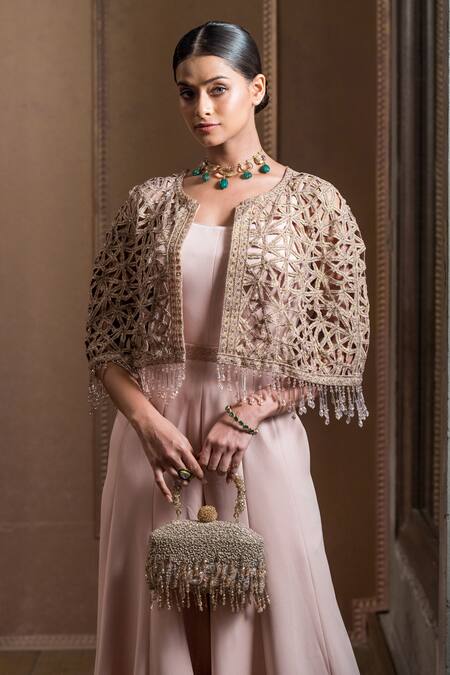 Buy Tarun Tahiliani Pink Crepe Diamonds, Embroidery, Tassels Waistband Jumpsuit With Cutwork Cape Online at Aza Fashions Buy_Tarun Tahiliani_Pink Crepe Diamonds, Embroidery, Tassels Waistband Jumpsuit With Cutwork Cape_Online_at_Aza_Fashions