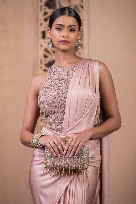 Tarun Tahiliani_Pink Tulle, Jersey Embroidery Round Neck Concept Saree With Bodysuit_Online_at_Aza_Fashions