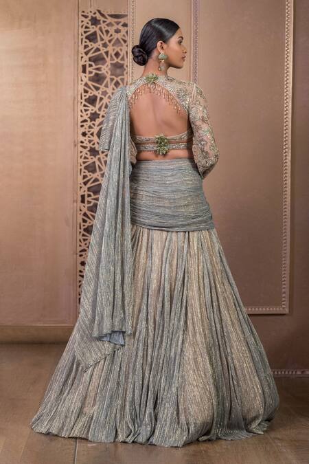 Shop Tarun Tahiliani Blue Tulle Embroidery, Crystals Metallic Crinkle Lehenga Saree With Blouse at Aza Fashions Shop_Tarun Tahiliani_Blue Tulle Embroidery, Crystals Metallic Crinkle Lehenga Saree With Blouse_at_Aza_Fashions