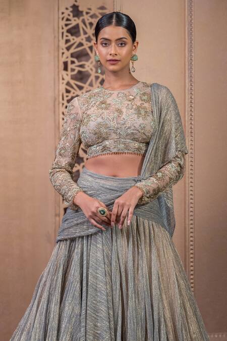 Tarun Tahiliani Blue Tulle Embroidery, Crystals Metallic Crinkle Lehenga Saree With Blouse Online at Aza Fashions Tarun Tahiliani_Blue Tulle Embroidery, Crystals Metallic Crinkle Lehenga Saree With Blouse_Online_at_Aza_Fashions
