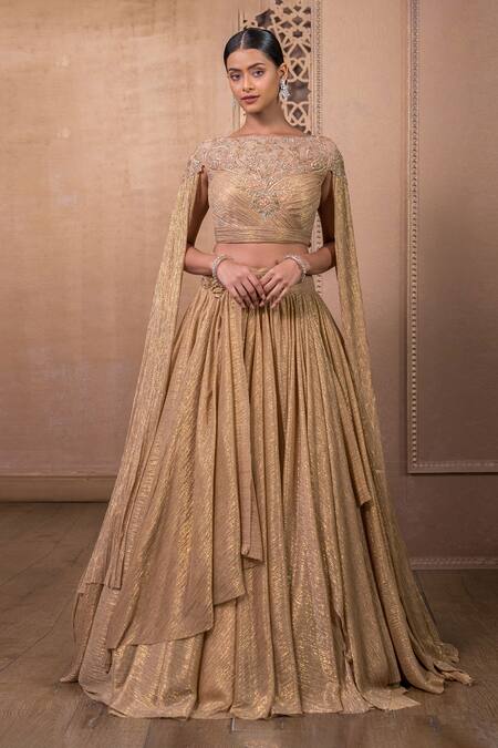 Tarun Tahiliani Gold Crepe Crystals Round Neck Metallic Crinkle Tulle Skirt With Blouse Online at Aza Fashions Tarun Tahiliani_Gold Crepe Crystals Round Neck Metallic Crinkle Tulle Skirt With Blouse_Online_at_Aza_Fashions