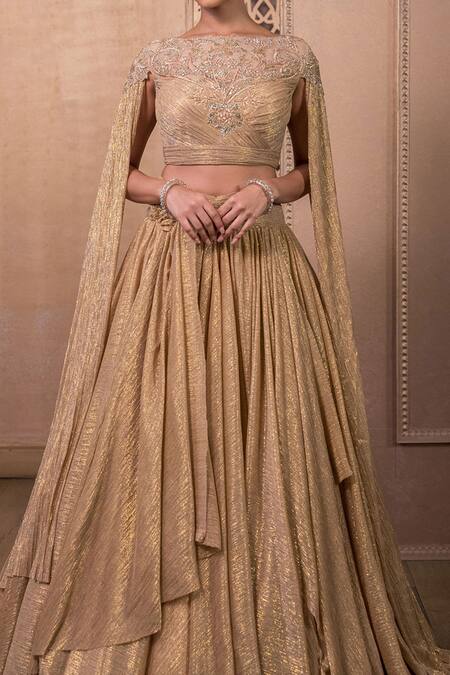 Buy Tarun Tahiliani Gold Crepe Crystals Round Neck Metallic Crinkle Tulle Skirt With Blouse Online at Aza Fashions Buy_Tarun Tahiliani_Gold Crepe Crystals Round Neck Metallic Crinkle Tulle Skirt With Blouse_Online_at_Aza_Fashions