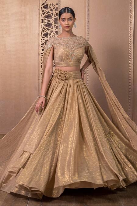 Shop Tarun Tahiliani Gold Crepe Crystals Round Neck Metallic Crinkle Tulle Skirt With Blouse Online at Aza Fashions Shop_Tarun Tahiliani_Gold Crepe Crystals Round Neck Metallic Crinkle Tulle Skirt With Blouse_Online_at_Aza_Fashions