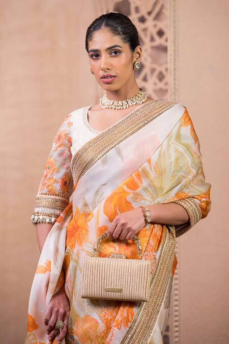 Tarun Tahiliani Orange Tulle, Satin Embroidery, Pearls Scoop Floral Print Saree With Blouse Online at Aza Fashions Tarun Tahiliani_Orange Tulle, Satin Embroidery, Pearls Scoop Floral Print Saree With Blouse_Online_at_Aza_Fashions